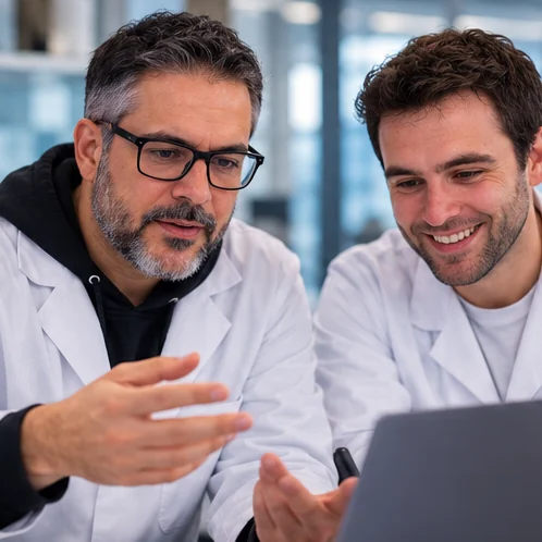 Two of the team reviewing results